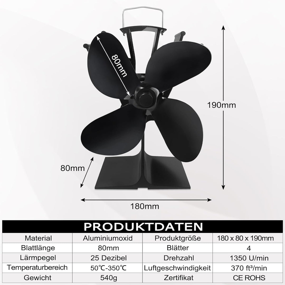 HENGMEI Kaminventilator Ventilator Heizbetriebener Ofenventilator mit 4 Flügeln für Holz/Scheitbrenn