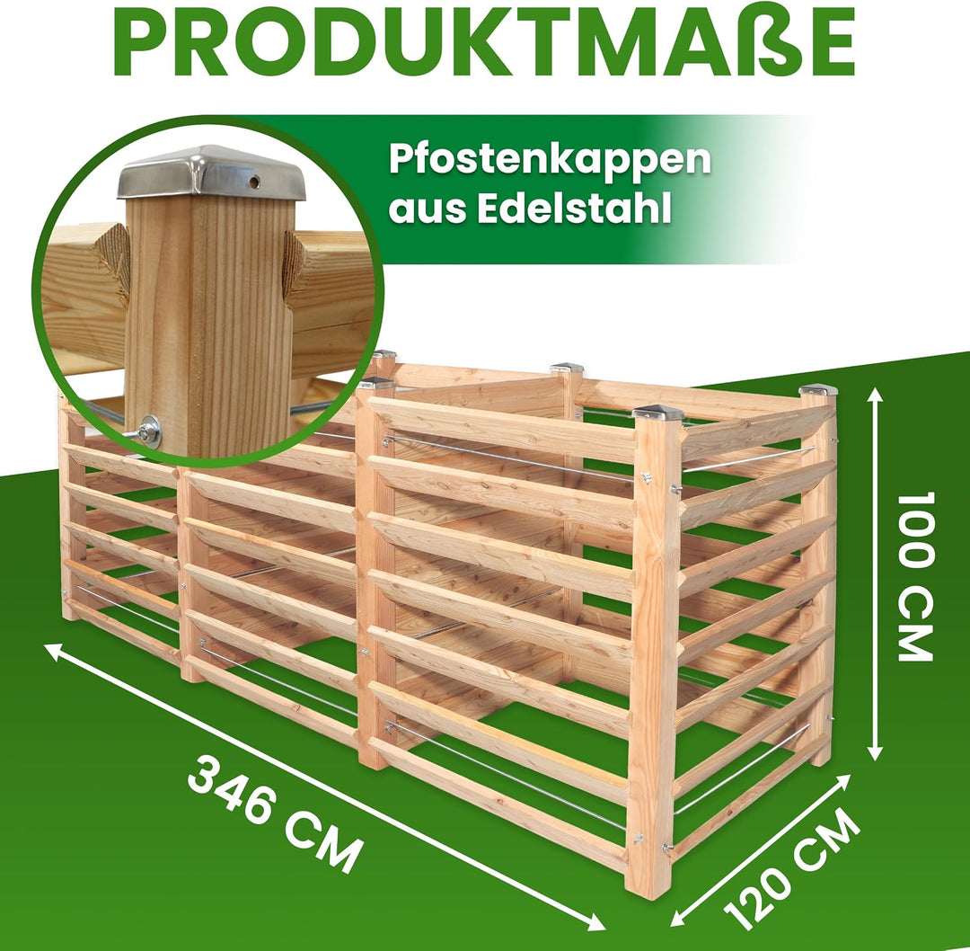 Moderner Komposter Trio ca. 120 x 346 cm Höhe 100 cm aus Lärchenholz Massivholz Steckkomposter Holzk