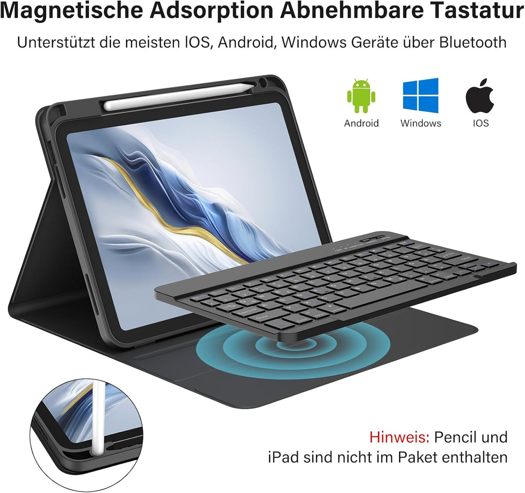 BQSS Hülle mit Tastatur für iPad A16 11 Generation 2025/10 Generation 10.9 Zoll 2022, Magnetisch Blu