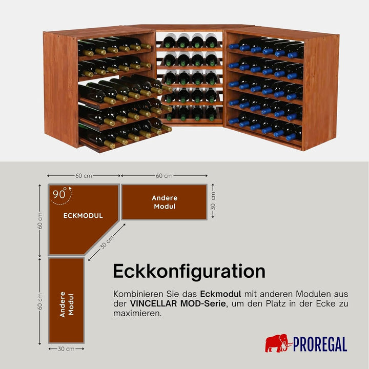 PROREGAL Modulares Weinregal VINCELLAR MOD | HxBxT 60x30x30cm | Eckmodul für 18 Flaschen | Massives
