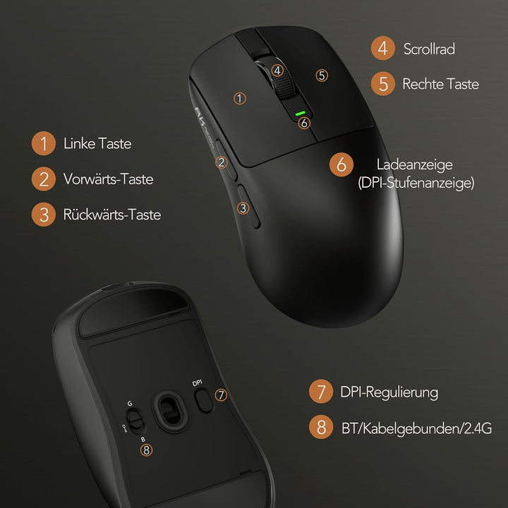 RK ROYAL KLUDGE RK MO3 Gaming Maus Kabellos 48g leichte PC Maus mit Bluetooth/2.4G/Kabel, 6000 DPI o