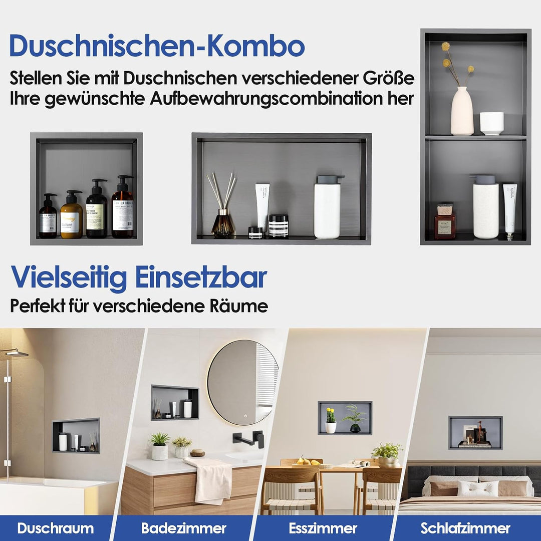 ROVOGO 50x30x10cm Nano Schwarz Wandnische Dusche Edelstahl, Eingebettete Duschnische Einzelregal Lag