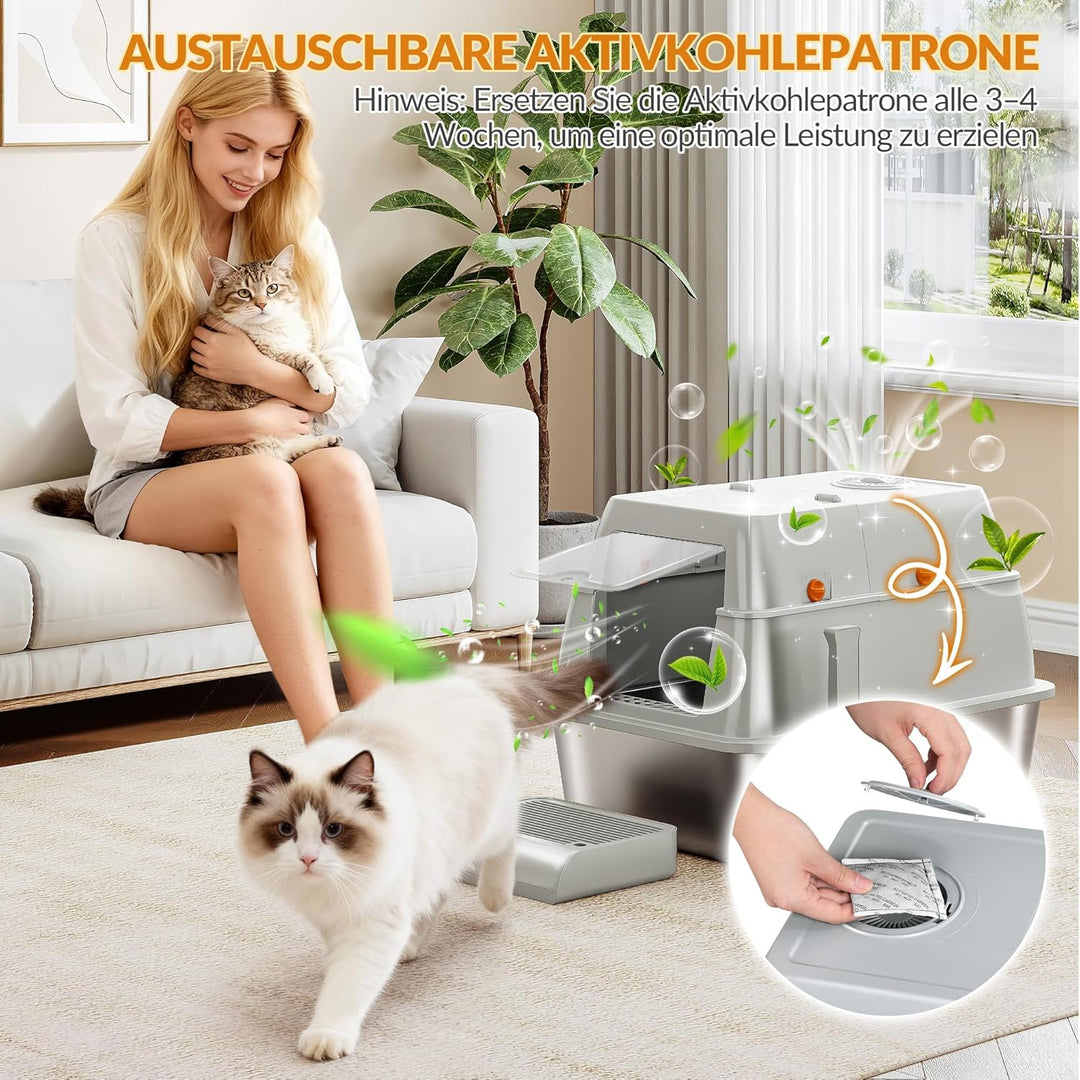 Edelstahl-Katzenklo mit Deckel, Geschlossene Katzentoilette, 180° Klappdeckel, Inklusive Pedal und S