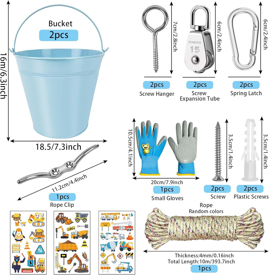 TZEKING Flaschenzug Kinder,Flaschenzug mit 2 Metalleimer,Riemenscheibe mit Eimerkabel,Zubehör fürs B