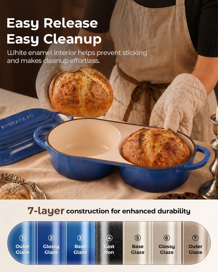 Double Dutch Oven, Brotbacktopf aus Gusseisen für Sauerteig, Blau Blau Doppel Brotbacktopf, Blau Dop