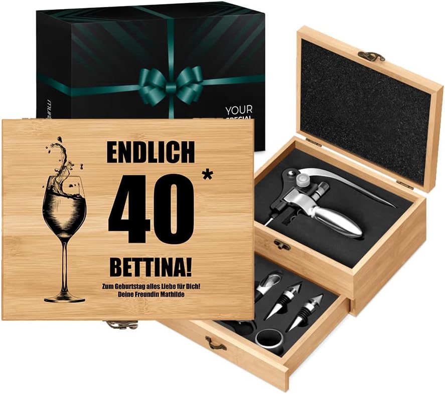 Maverton Weinöffner-Set personalisiert Weinset Sommelier Set - Geschenkbox Holzbox + 8er Weinzubehör