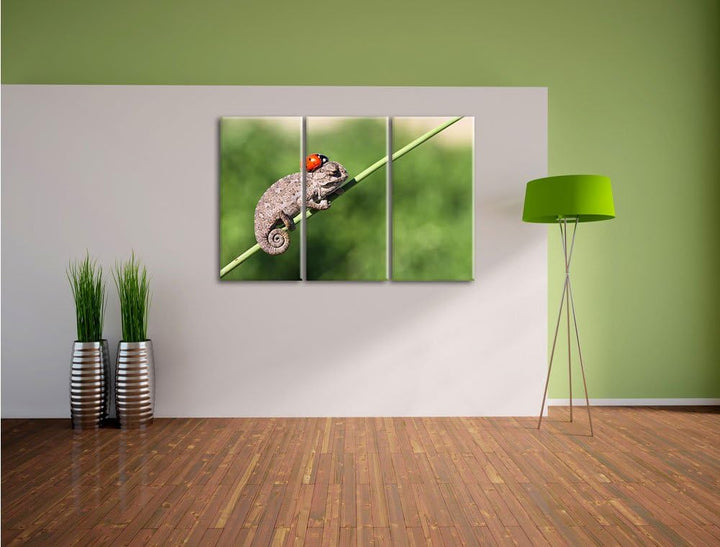 Pixxprint Süsser Gecko mit einem Marienkäfer als Leinwandbild | Grösse: 3 Teilig (120x80) | Wandbild