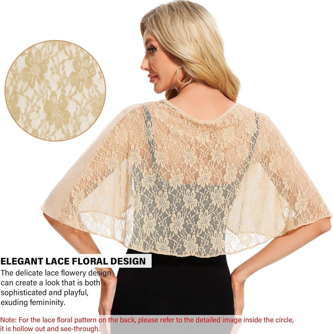 Damen Spitzen Schal Stola Chiffon Umhang Cape Capelets für Hochzeit Abendkleid Braut Party Elegant S