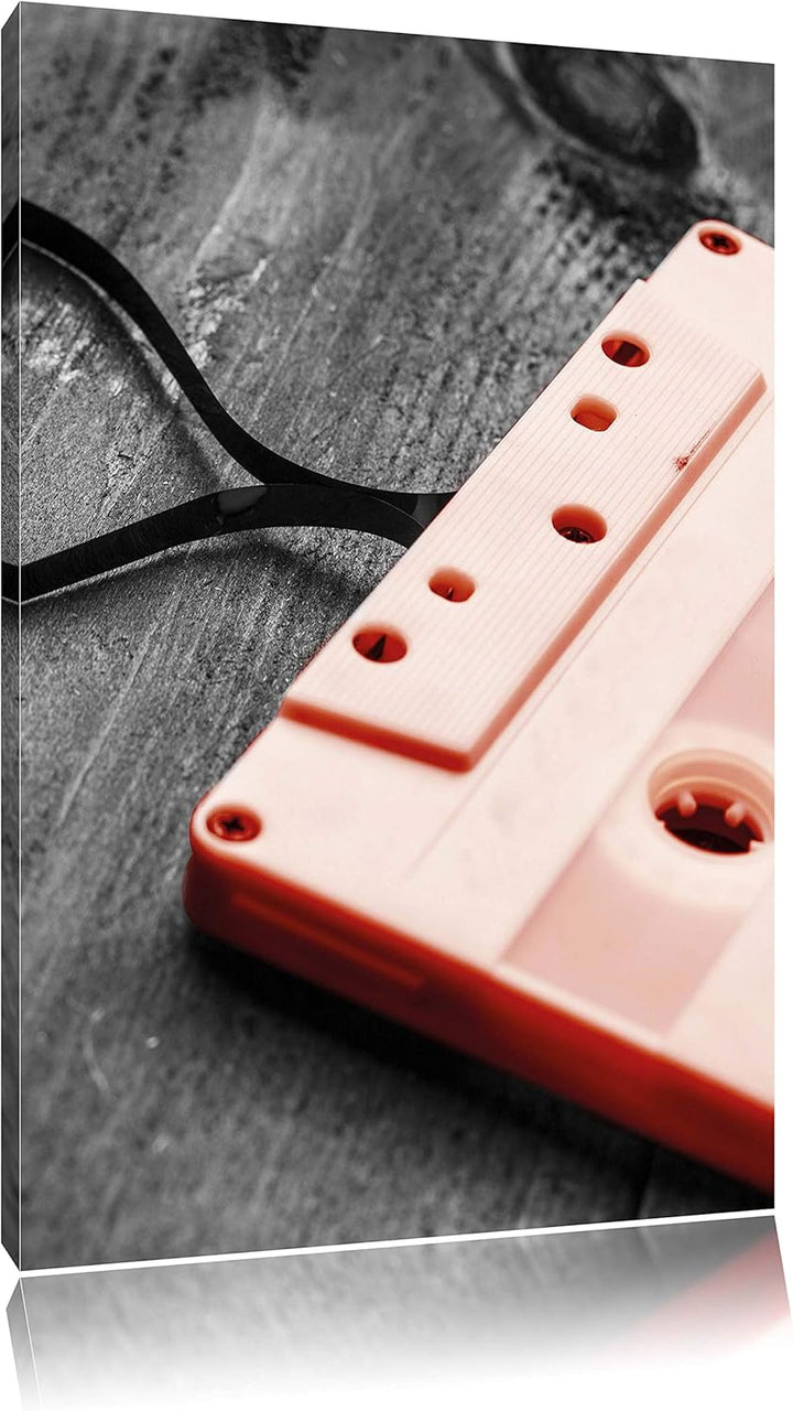 Pixxprint Retro Kasette mit Herz schwarz/weiss, Format: 80x120 auf hochkantiges Leinwand, XXL riesig