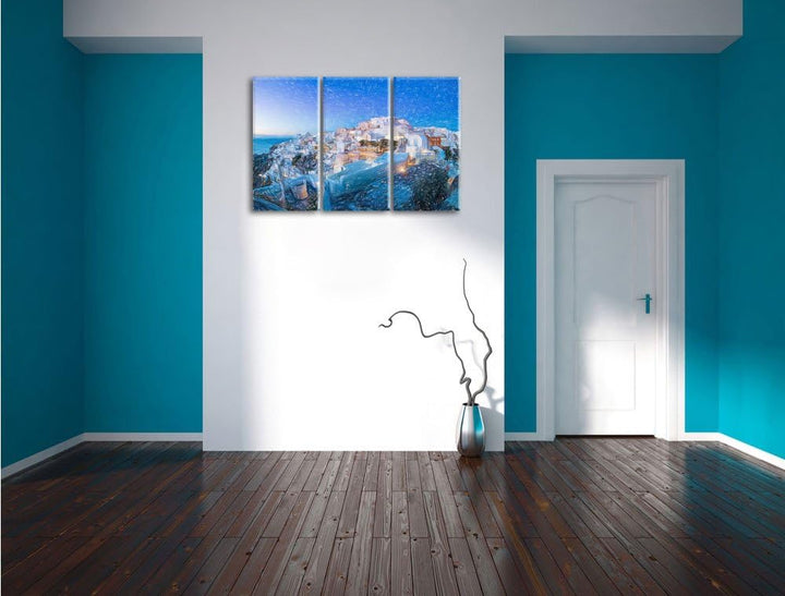 Pixxprint Oia Dorf am Sonnenuntergang Santorin Kunst Buntstift Effekt 3-Teiler Leinwandbild 120x80 B