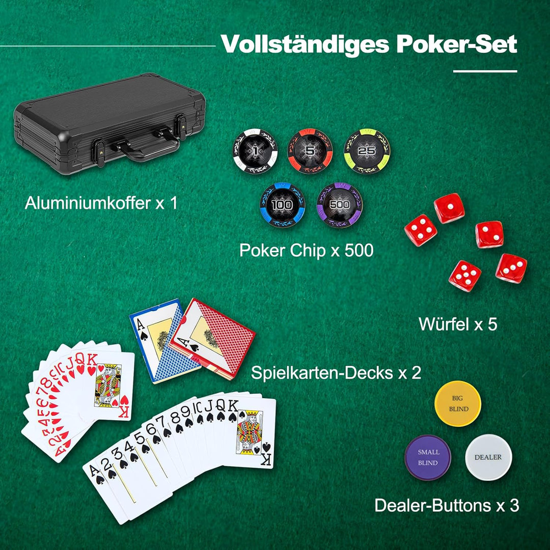 DREAMADE Aluminium Pokerkoffer mit 300 nummerierten Laser Poker Chips/ 2 Pokerkarten Set/ 5 Würfel/