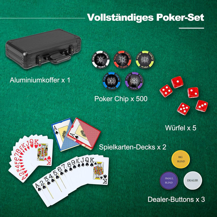DREAMADE Aluminium Pokerkoffer mit 300 nummerierten Laser Poker Chips/ 2 Pokerkarten Set/ 5 Würfel/
