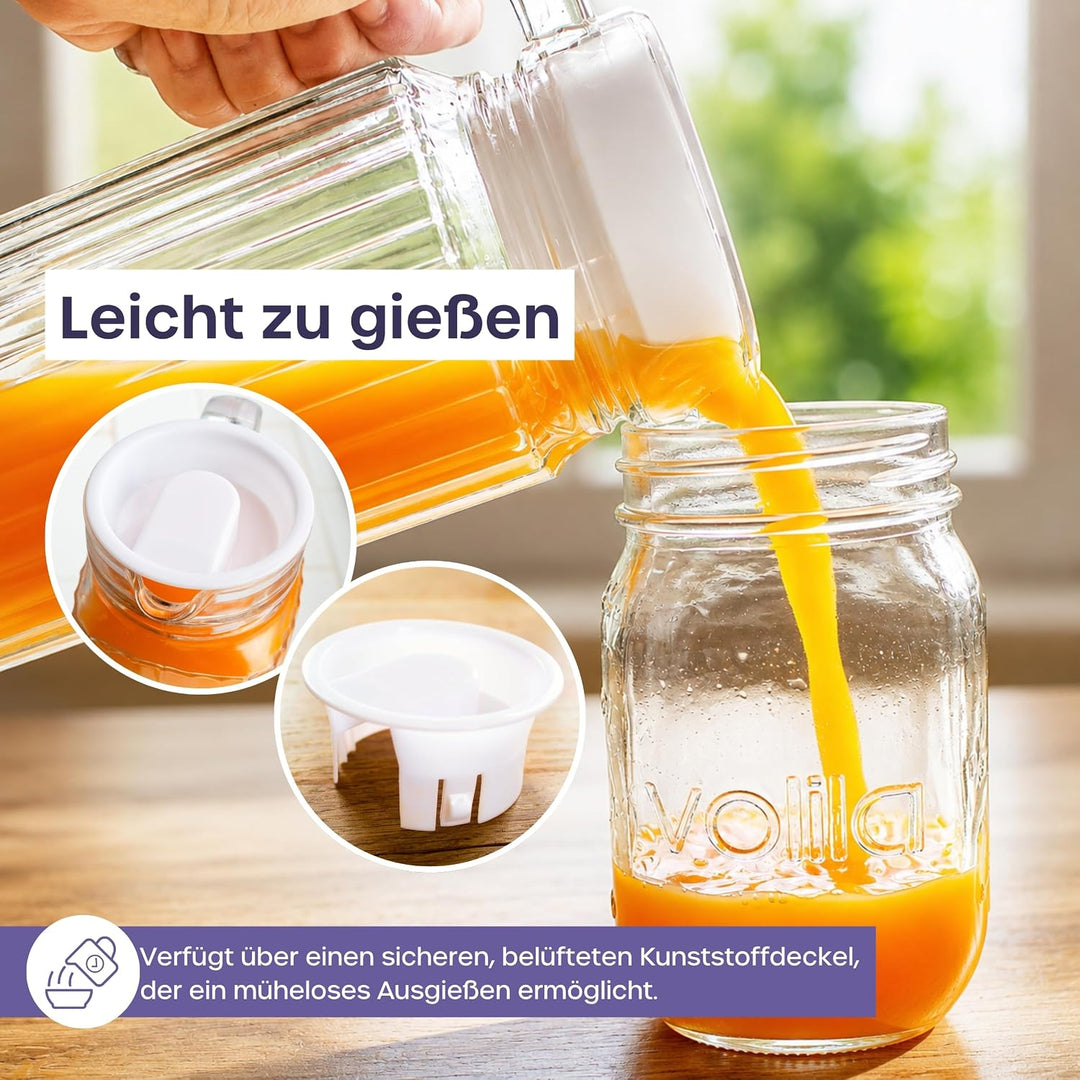Kühlschrankkrug 1L Glas Wasserkrug mit Deckel (2er Pack) – Glaskrug Geriffeltem Glasdesign & Griff f