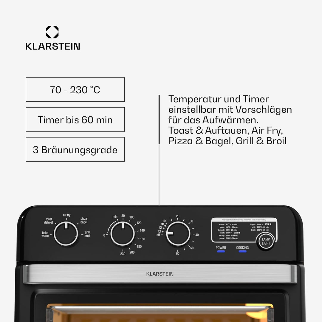 Klarstein AirGlaze Heissluftfritteuse – 34 L, 2000 W, 9 Programme, Drehknopfsteuerung, Rotisserie, P
