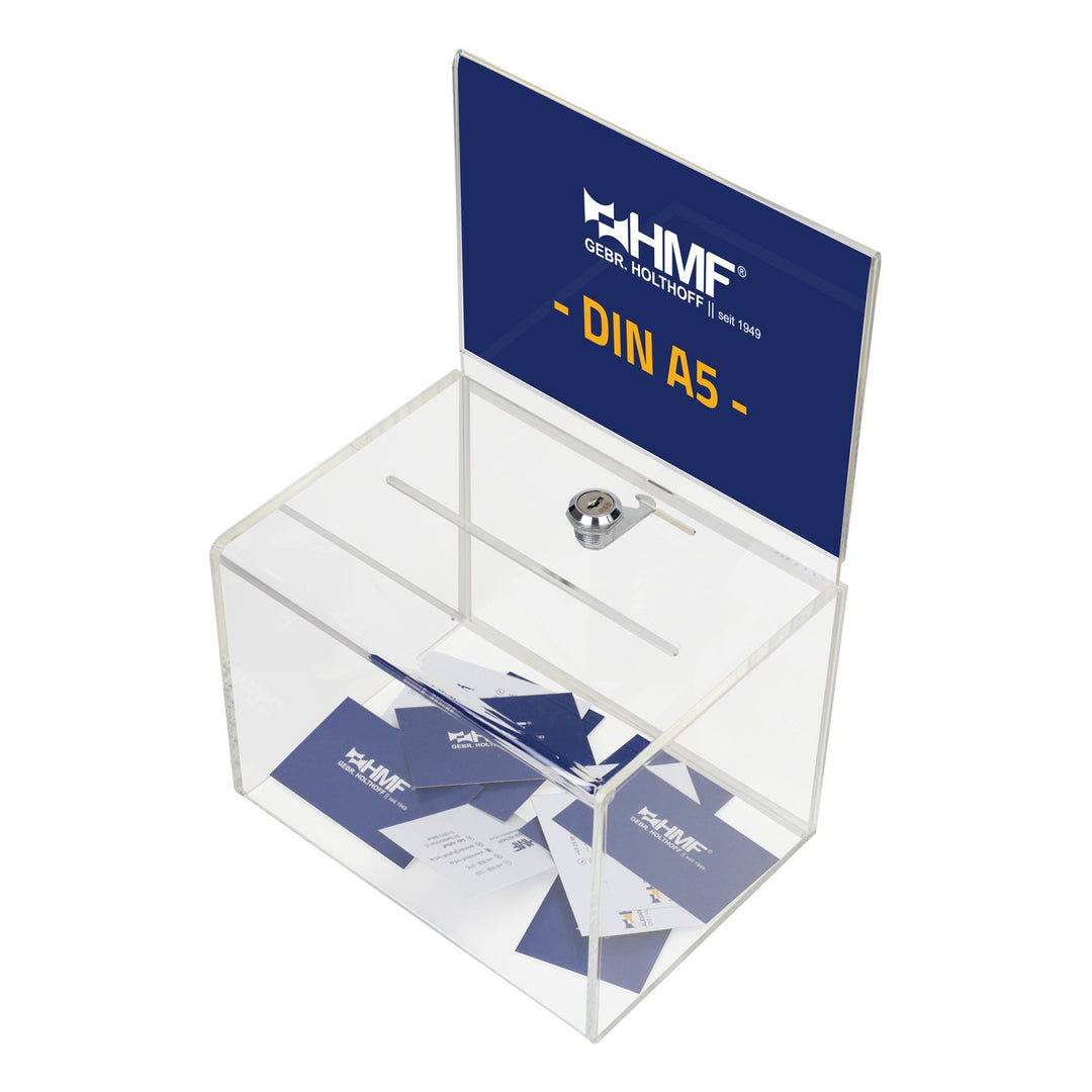 HMF 46913 Acryl Spendenbox abschliessbar | 21,5 x 16 x 16 cm | DIN A5 Blatteinschub | Transparent, D