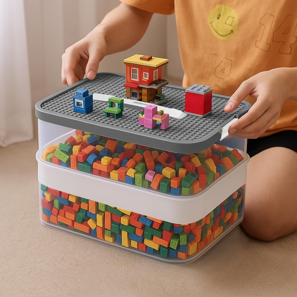 KRUZZEL Bausteine Aufbewahrungsbox 35L mit Griff & Trennwänden – 5 Etagen Stapelbox Transparent für
