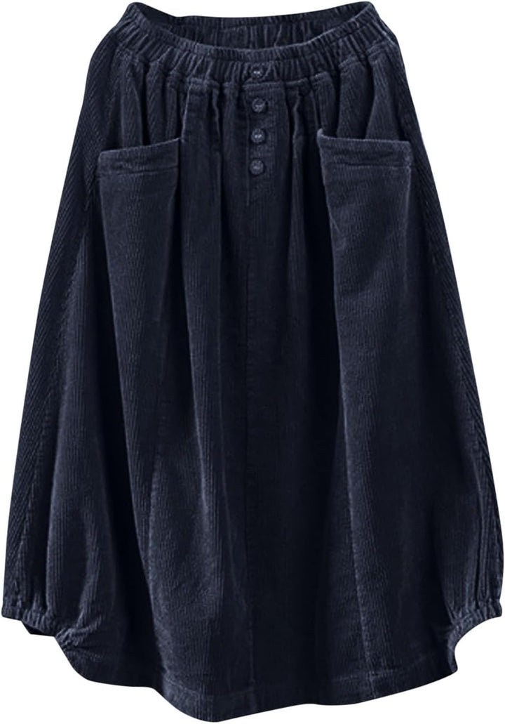 Generisch 2025 Damenrock Winter Cordrock Frauen Midi Lange Röcke Weibliche elastische Taille A-Linie