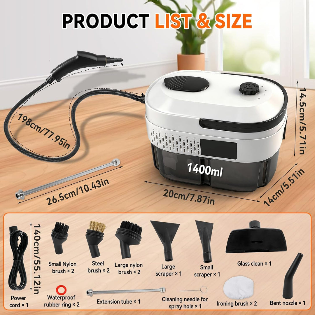 Dampfreiniger Handgerät 2500W 3Bar Handdampfreiniger 1400ML Wassertank 15s Aufheizzeit 3 Gang 6 Bürs