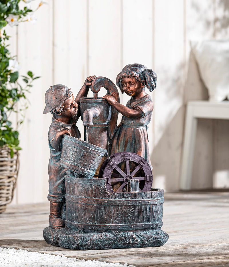 Dehner Gartenbrunnen Lea und Leon mit LED Beleuchtung, ca. 68.5 x 45 x 35 cm, Polyresin, grün/blau/b