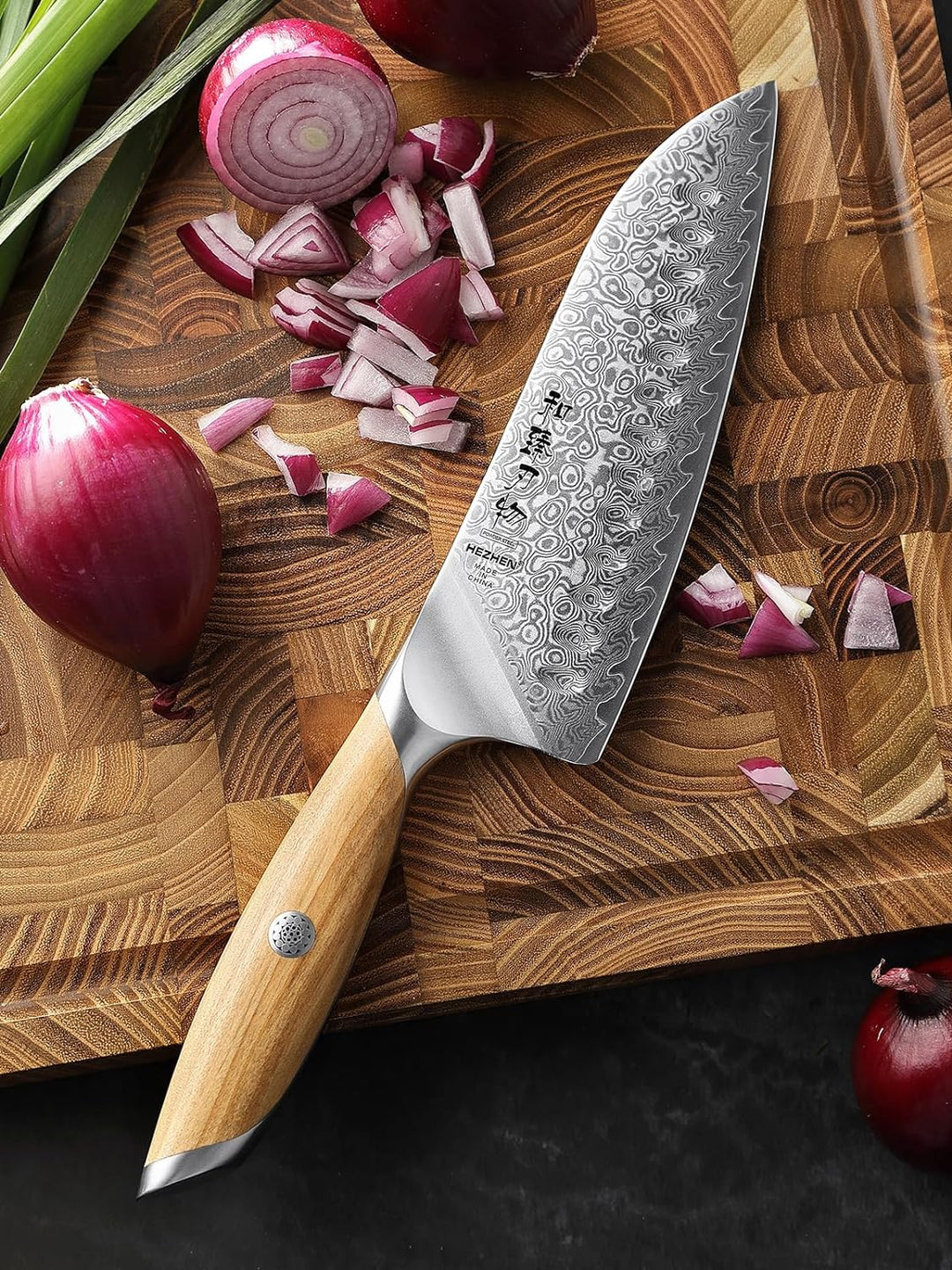 HEZHEN Damast Santokumesser Kochmesser 73 Schichten Damastmesser Küchenmesser mit Olivenholz Griff,