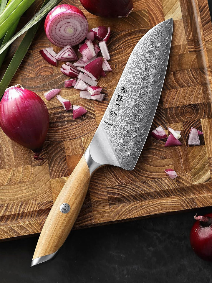 HEZHEN Damast Santokumesser Kochmesser 73 Schichten Damastmesser Küchenmesser mit Olivenholz Griff,