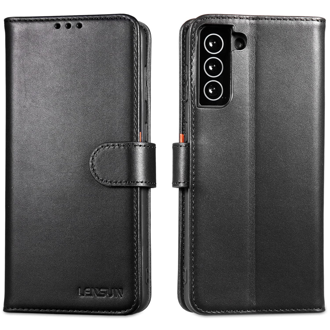 LENSUN Echtleder Hülle für Samsung Galaxy S21 Plus, Handyhülle [Echtes Leder] [Magnetverschluss] [RF