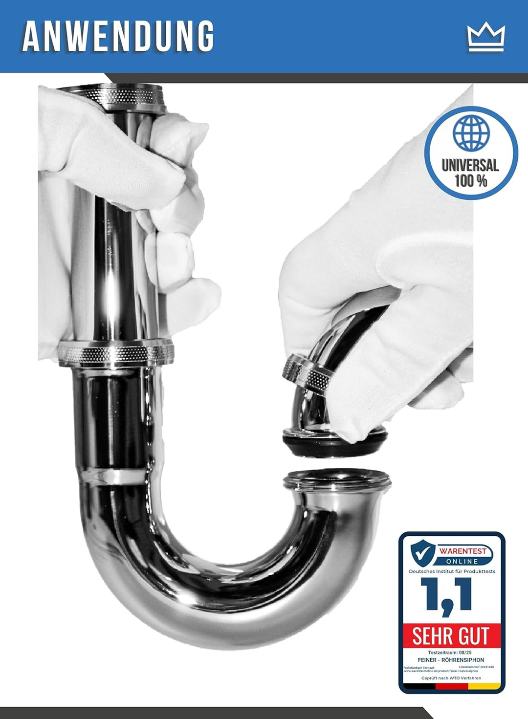 FEINER® Edelstahl Siphon-Wandrohr 90°Bogen, Extra Lang – 1 1/4 Zoll (⌀ 32 mm) x 300 mm, universell p
