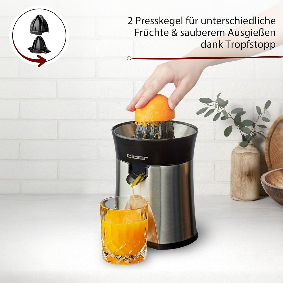 Cloer 6815 Zitruspresse und Orangenpresse, 2-in-1 Saftpresse, elektrisch, kleiner und grosser Pressk