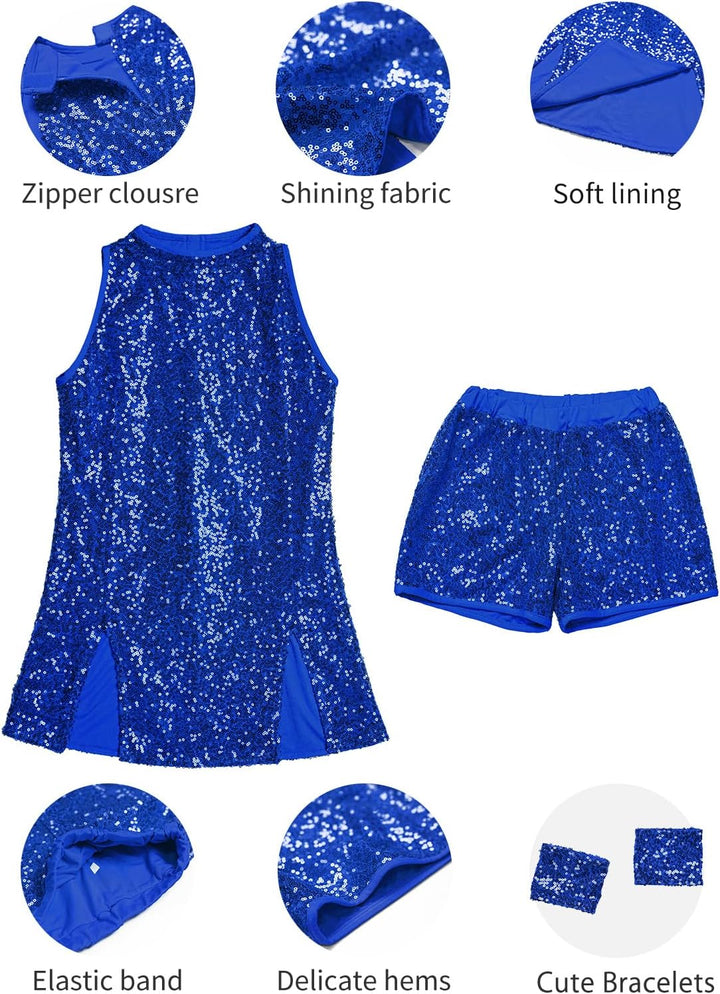 LOLANTA Mädchen Pailletten-Kostüm Hip Hop Dancewear Funkelndes Tanzkleid Gesetzt, Blau