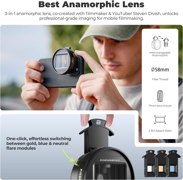 Freewell 1,33-faches anamorphes Objektiv für iPhone und Samsung – 3 Flare-Farben in einem Objektiv (