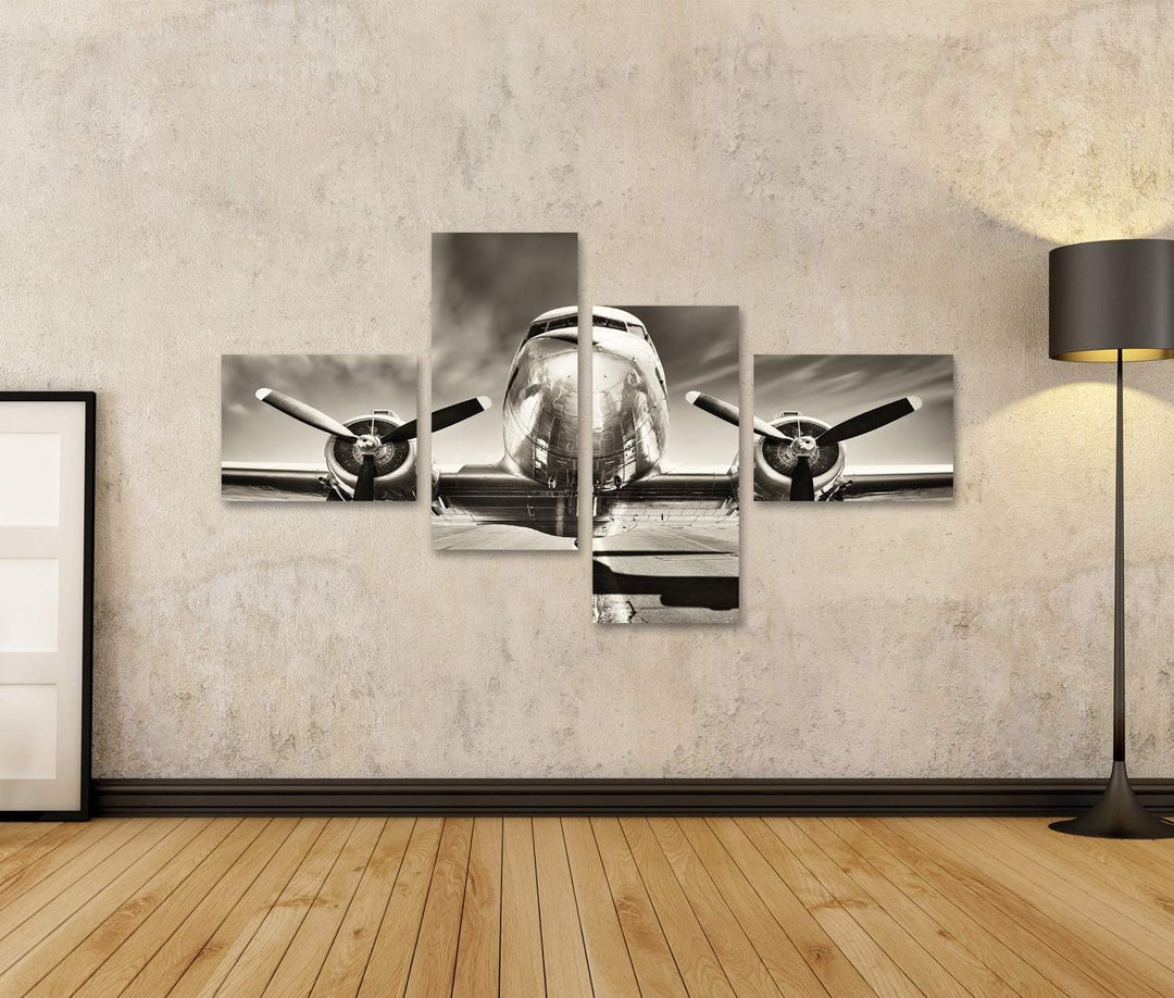 islandburner Bild auf Leinwand Retro Flugzeug Bilder Wandbilder Poster Leinwand 150x80cm - 4 Teile,