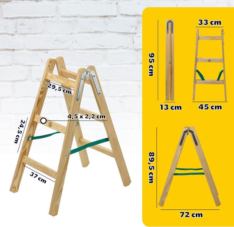 KADAX Holzleiter, Bockleiter bis 150 kg, klappbare Malerleiter, Doppelstufenleiter mit Stahlhaken, E