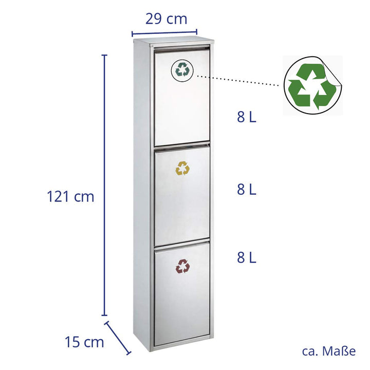SVITA V3X8 Edelstahl Mülleimer 24 Liter Abfallsammler Abfalleimer Mülltrennung mit Schub-Fächern Ord