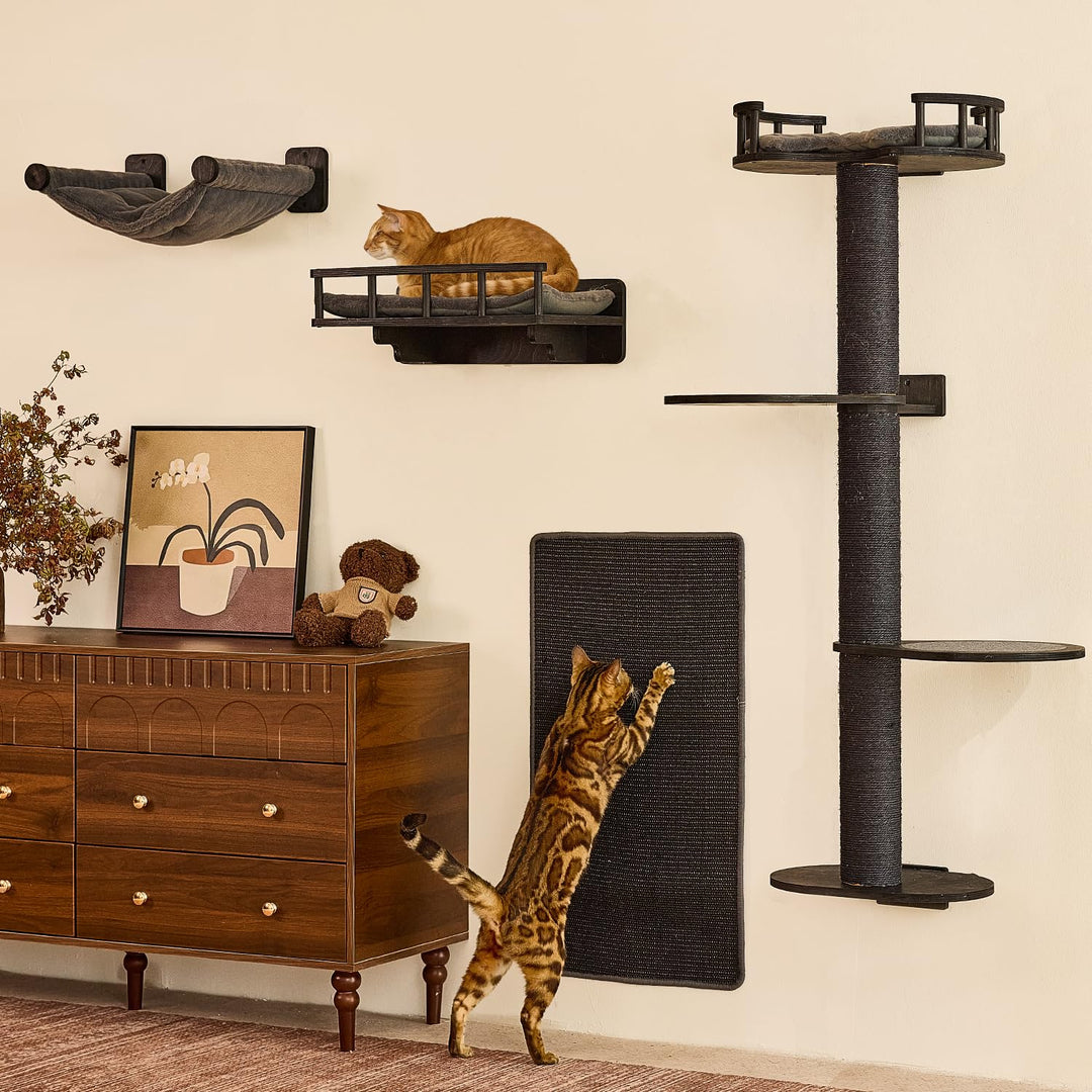 FUKUMARU Kletterwand Katzen-Set, 4 in 1 stabiles Wandmöbel aus mehrschichtigem Holz mit Hängematte,