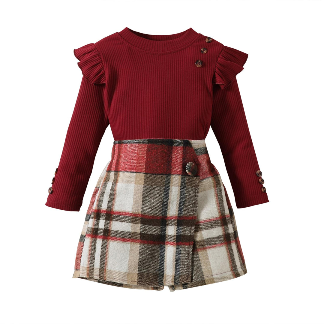 Kleinkind Baby Mädchen Kleidung Langarm Gerippte Oberteile Plaid Tweed Muster Rock Baskenmütze Herbs