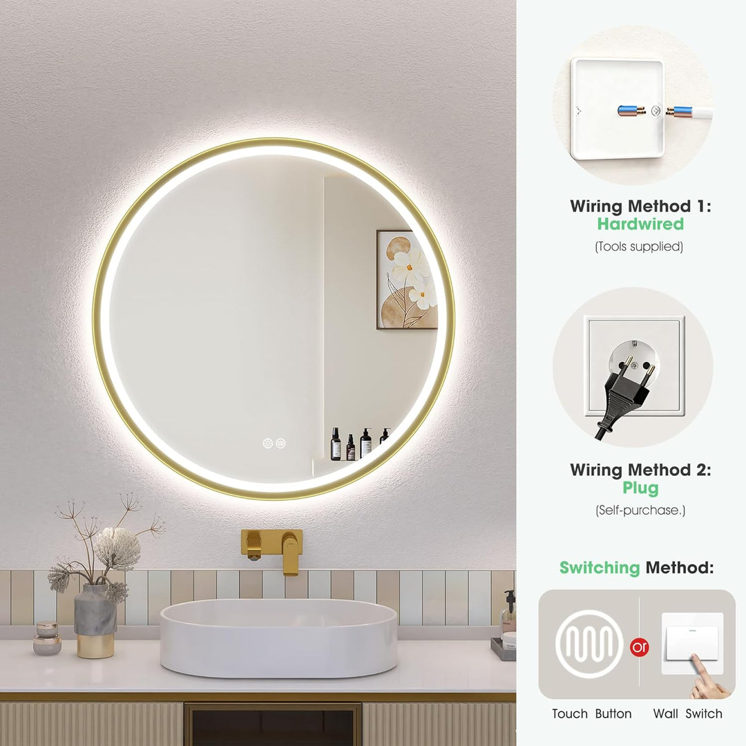 S'bagno Badspiegel mit Beleuchtung 60cm, Spiegel Rund mit Beleuchtung mit Aluminiumrahmen, Entfoggen