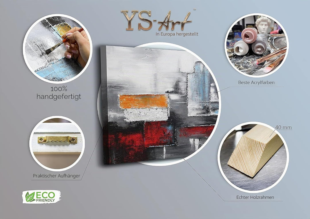 YS-Art Abstrakt Acryl Gemälde auf Leinwand Abstraktion in rot-grauen Farben handgemalt Wandbilder Wo