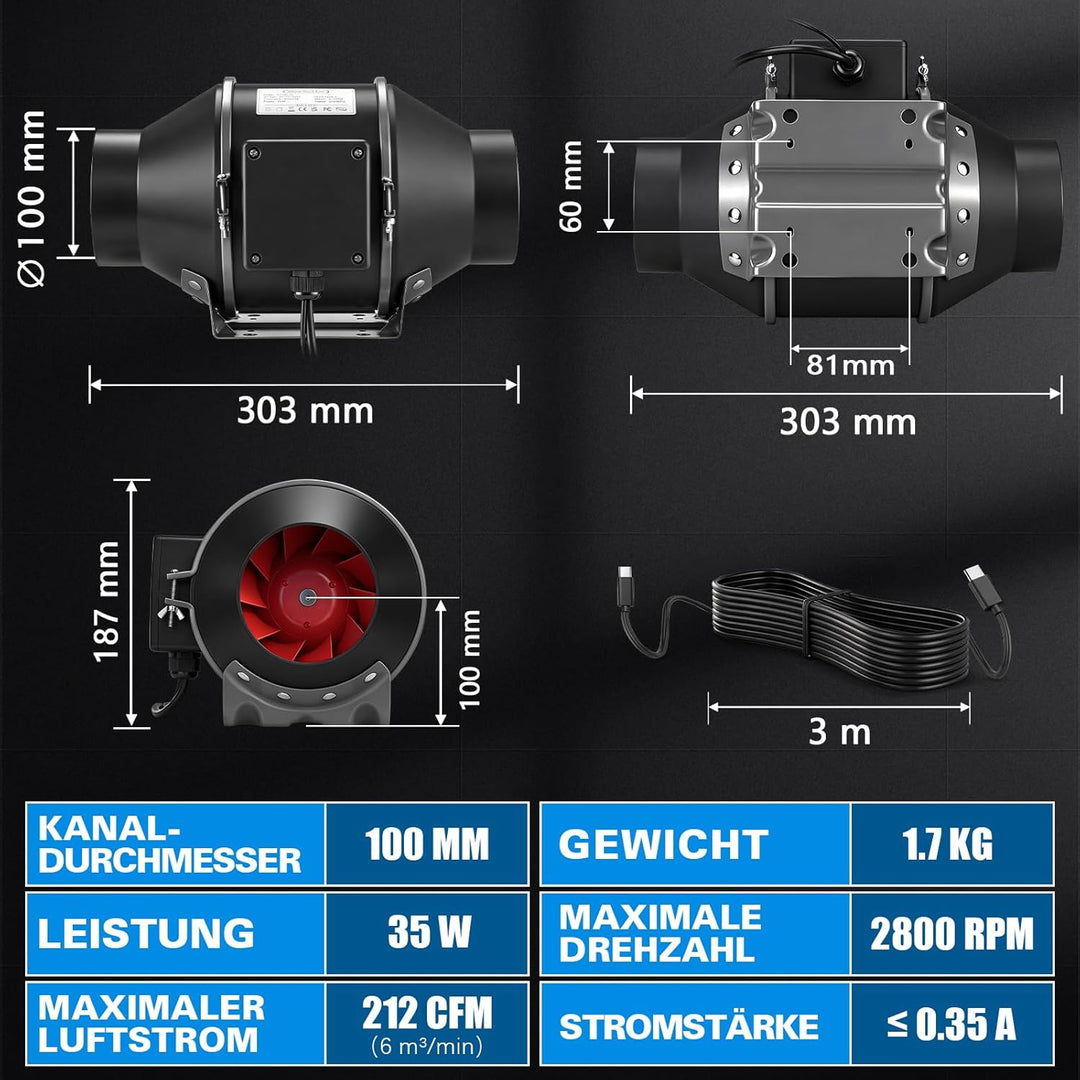 Regelbar Rohrventilator 100mm mit Inverter-EC-Motor, 360m³/h 3000 RPM Inliner Abluftventilator mit D