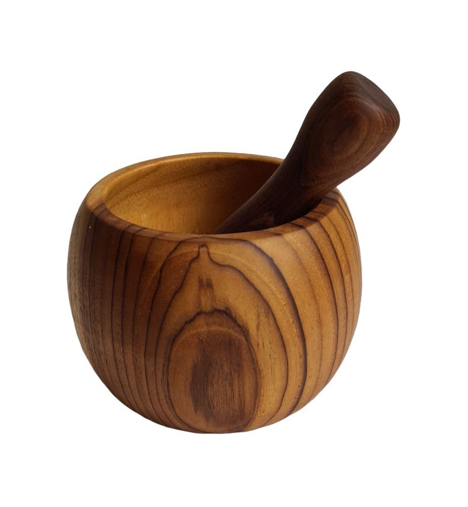 WINDALF Robuster Mörser mit Schlegel BARI Ø 13 cm Kräuter Knoblauch Pesto Holzmörser aus Teakholz Ha