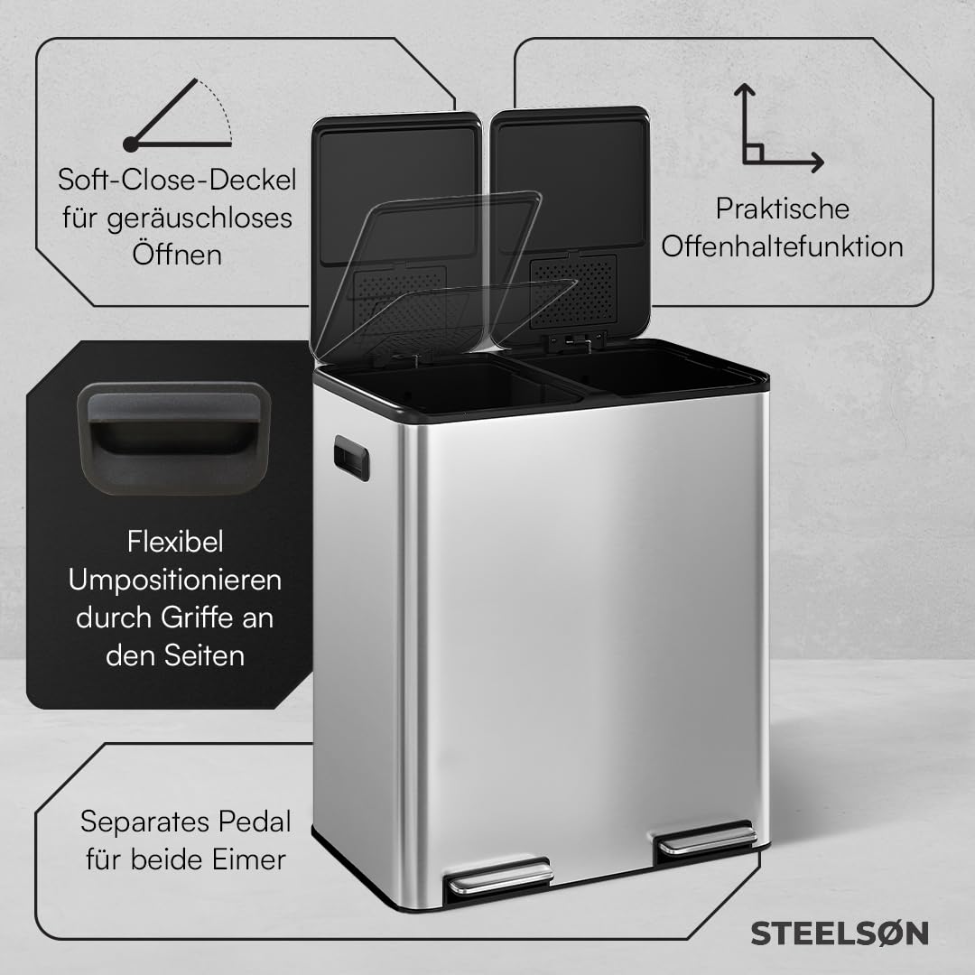 STEELSØN Elyron Mülleimer 2 Fächer – Mülltrennsystem Küche 2x30L aus Edelstahl Silber – Tretmülleime