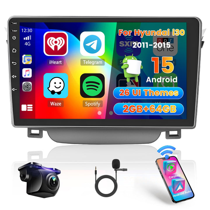 Hikity 2+64G Autoradio Navi Für Hyundai i30 2011-2015 mit Wireless Carplay Android Auto Mirror Link,
