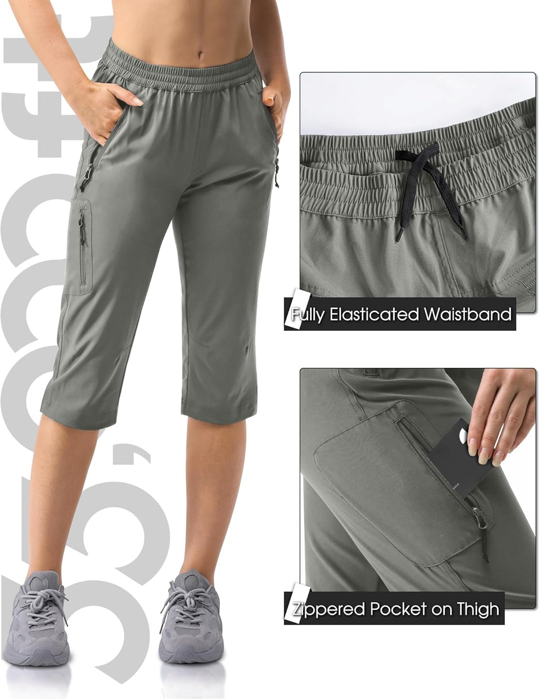 33,000ft Damen 3/4 Hose Capri Wanderhose Stretch Leichte Radhose Taschen Sommer Outdoor Golf Hose 36