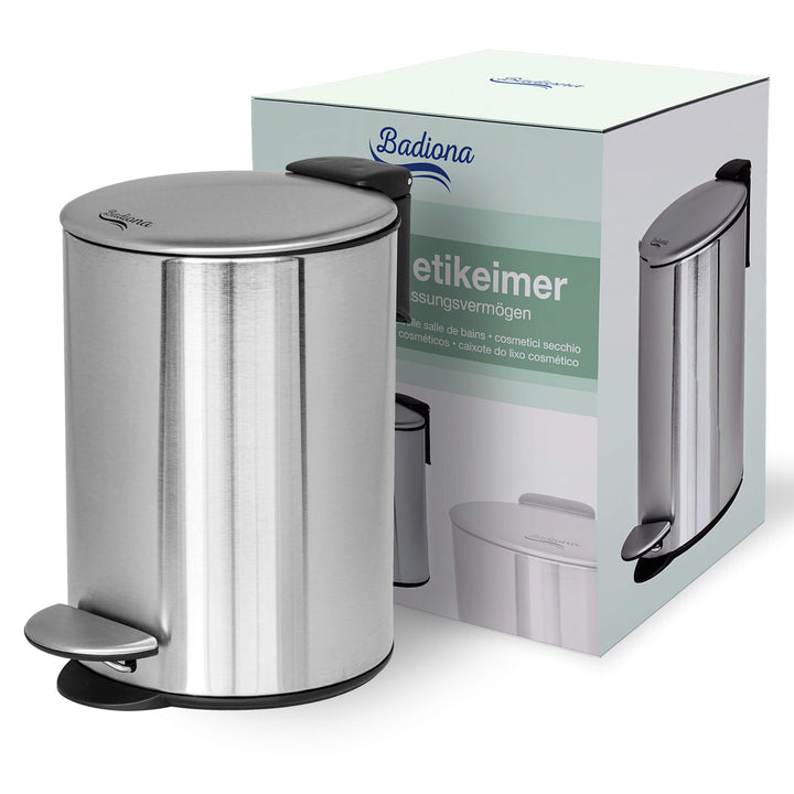BADIONA Kosmetikeimer 5l Edelstahl mit Absenkautomatik | Badezimmer Mülleimer klein | Mini Mülleimer