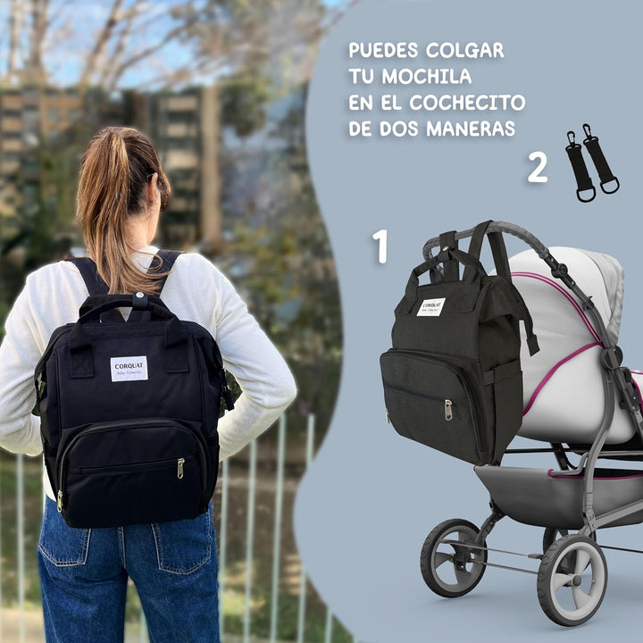 Wickelrucksack mit verschiedenen Staufächern und Riemen für den Kinderwagen, ideal für den Transport