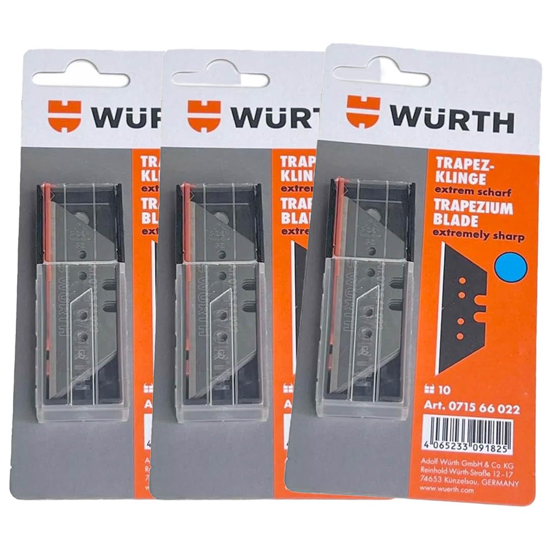 Würth 30x Trapezklinge schwarz Ersatzklingen extrem scharf für Trapezmesser Cuttermesser Teppichmess
