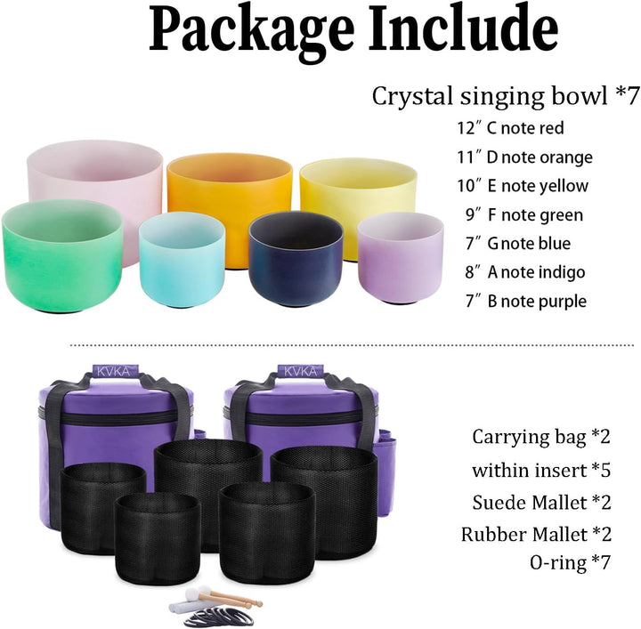 KVKA Kristall-Klangschalen Set, 7-12 inch 432Hz Light Colored Chakra Sound Healing Klangschalen für