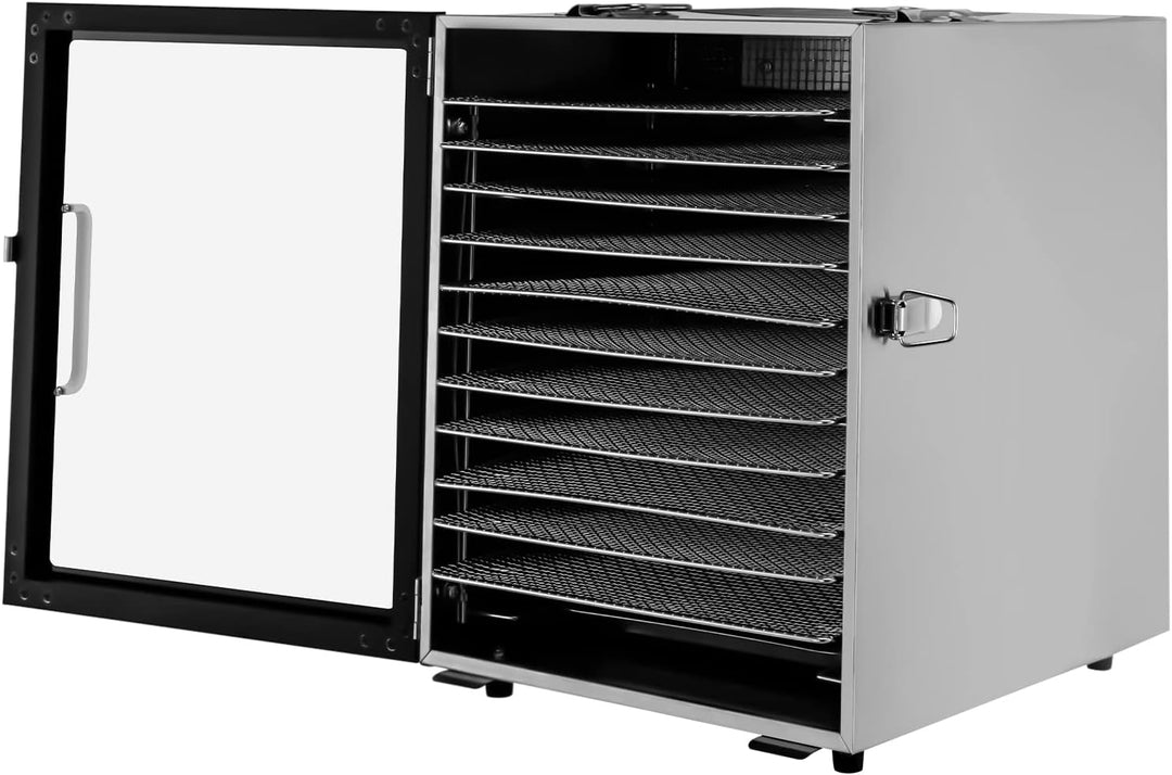 Lebensmittel-Dörrautomat aus Edelstahl, 800W Dörrgerät mit 12 Einschüben, 30-80°C Temperaturregelung