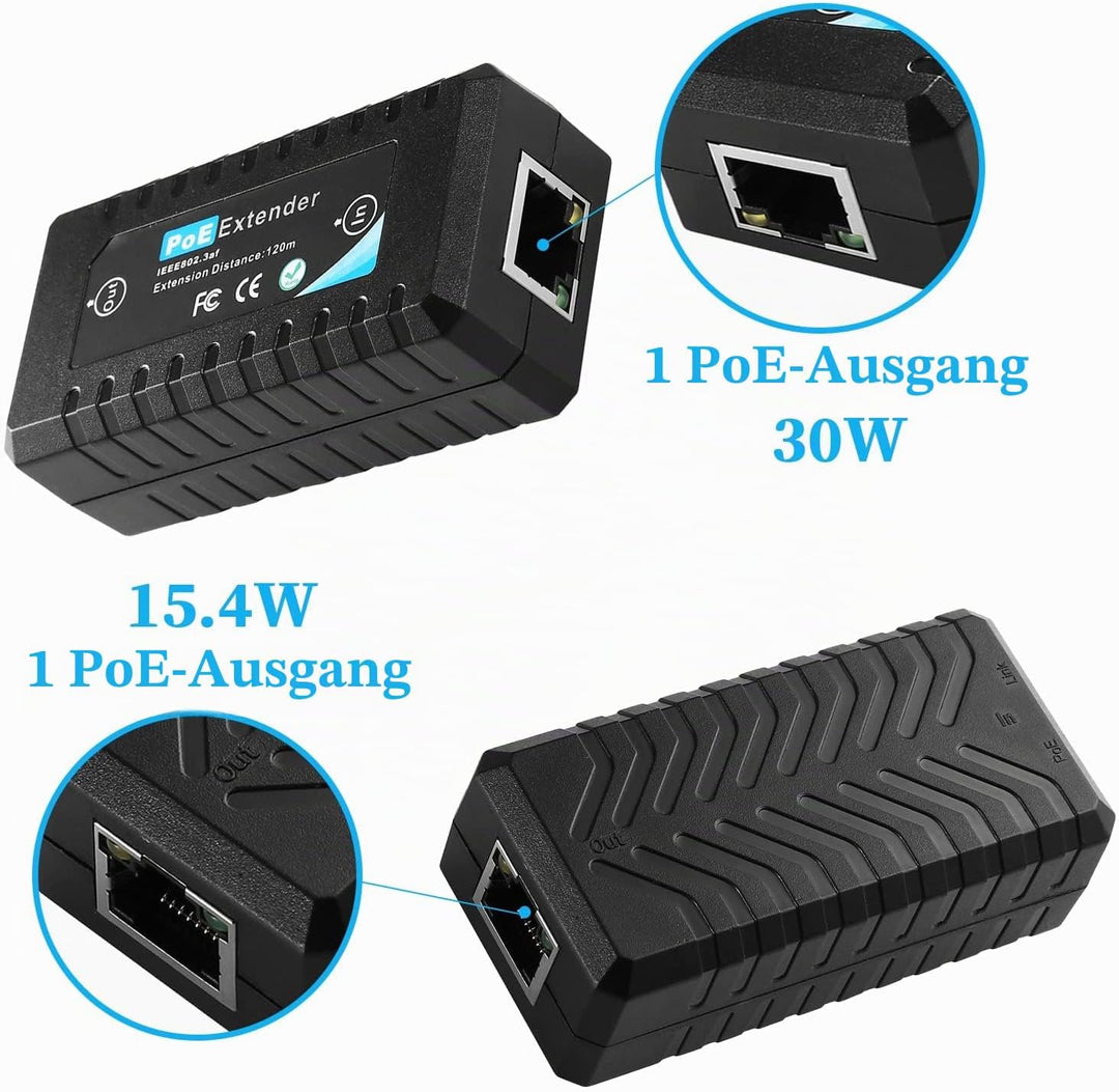 Revotech 1 Port PoE Extender, 15W PoE Output bis zu 120m(393 ft), 10/100Mbps Transmit, Comply IEEE80