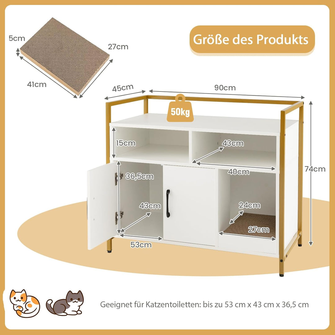 COSTWAY Katzenschrank Katzentoilette mit Doppeltüren &amp; Kratzunterlage, Katzenhaus mit offenem Regal