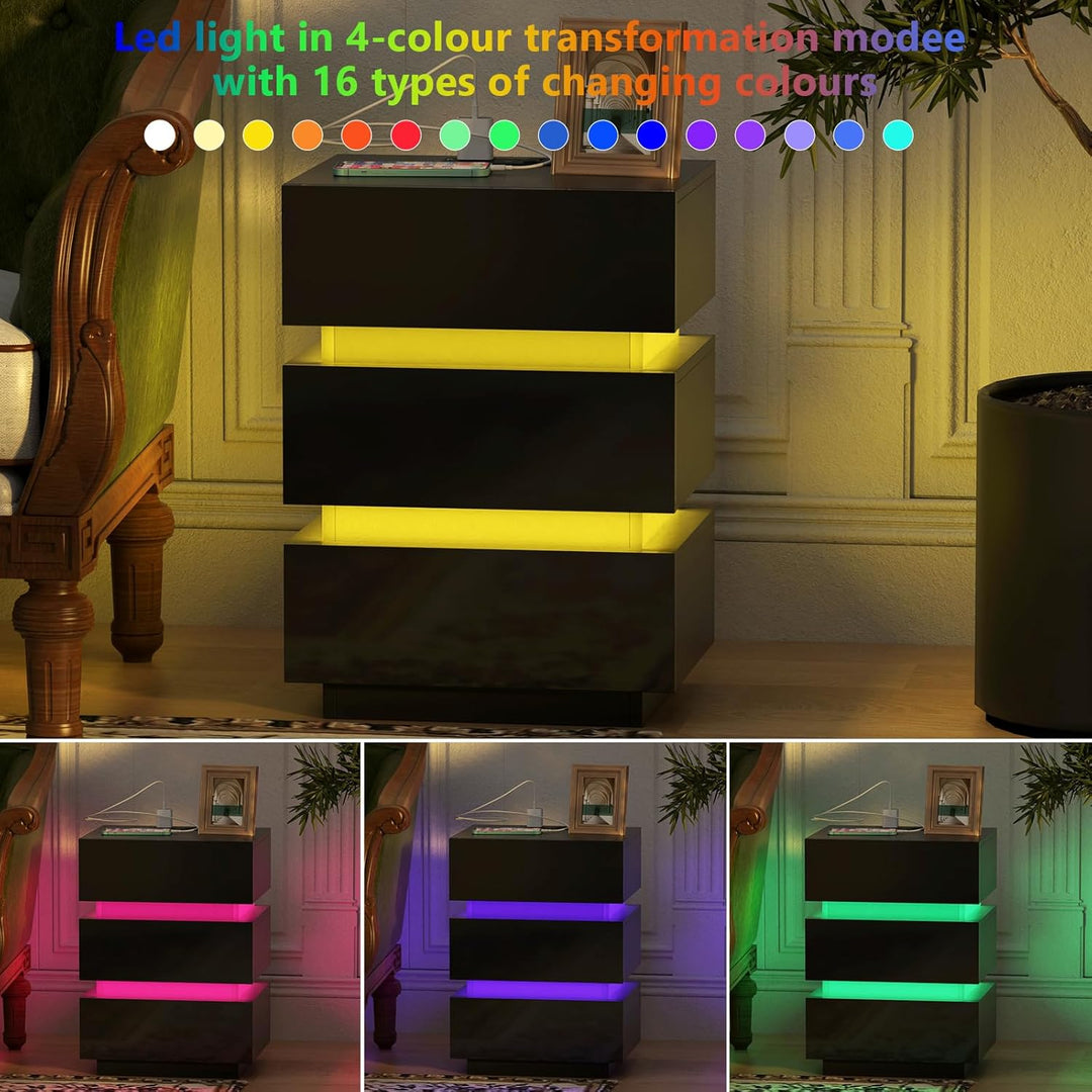 PIPIPOXER Nachttisch LED mit Steckdose & USB, Nachtschrank Schwarz Hochglanz Nachtkommode 3 Schublad